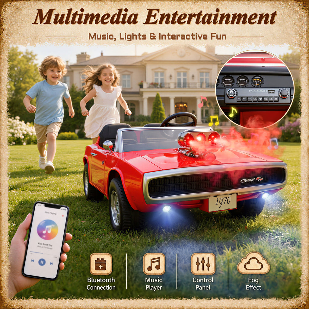 24V Ride On Car for Kids, Licensed Dodge 1970 Charger R/T Electric Car w/Parent Remote Control, Engine Spray, LED Lights, Bluetooth, MP3, 4-Wheel Spring Suspension, Ride On Toys for Ages 3+