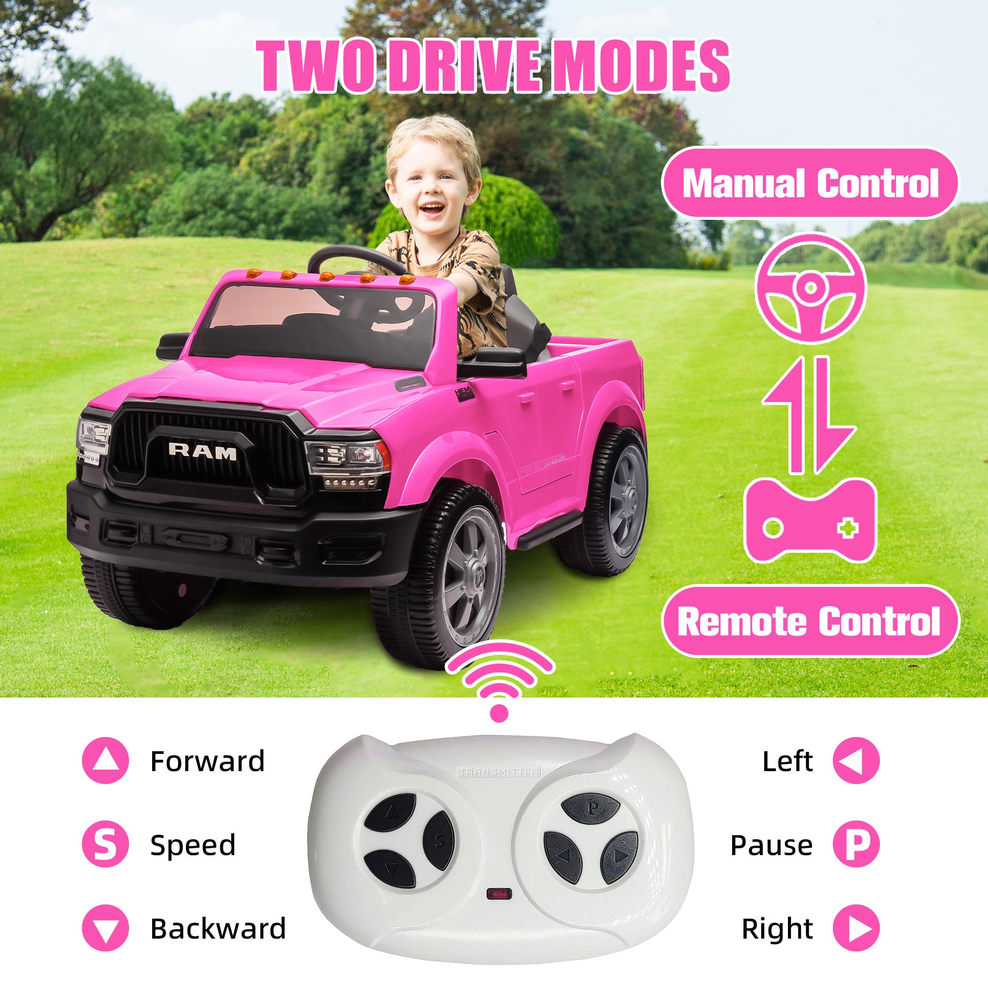 Dodge RAM Ride on Car, 12V Powered Ride on Toy with Remote Control, Rear Wheel Suspension, 5 Point Safety Belt, MP3 Player, Bluetooth, LED Lights, Electric Vehicles for 3-8 Years Boys Girls, Black