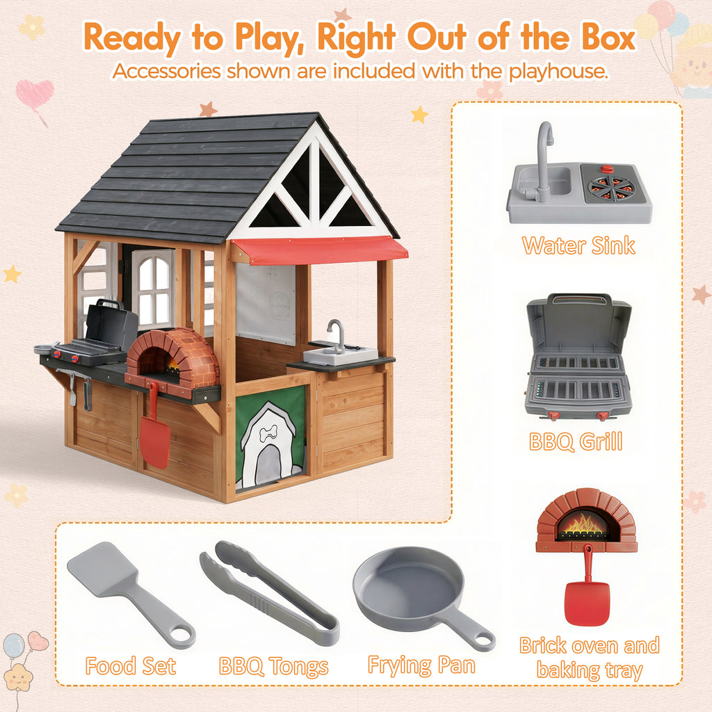 COCLUB Outdoor Tool Shed Playhouse for Kids, Wooden Play House with Workbench & Accessories, Blue and Red Toddler Play Set, Toys for Backyard