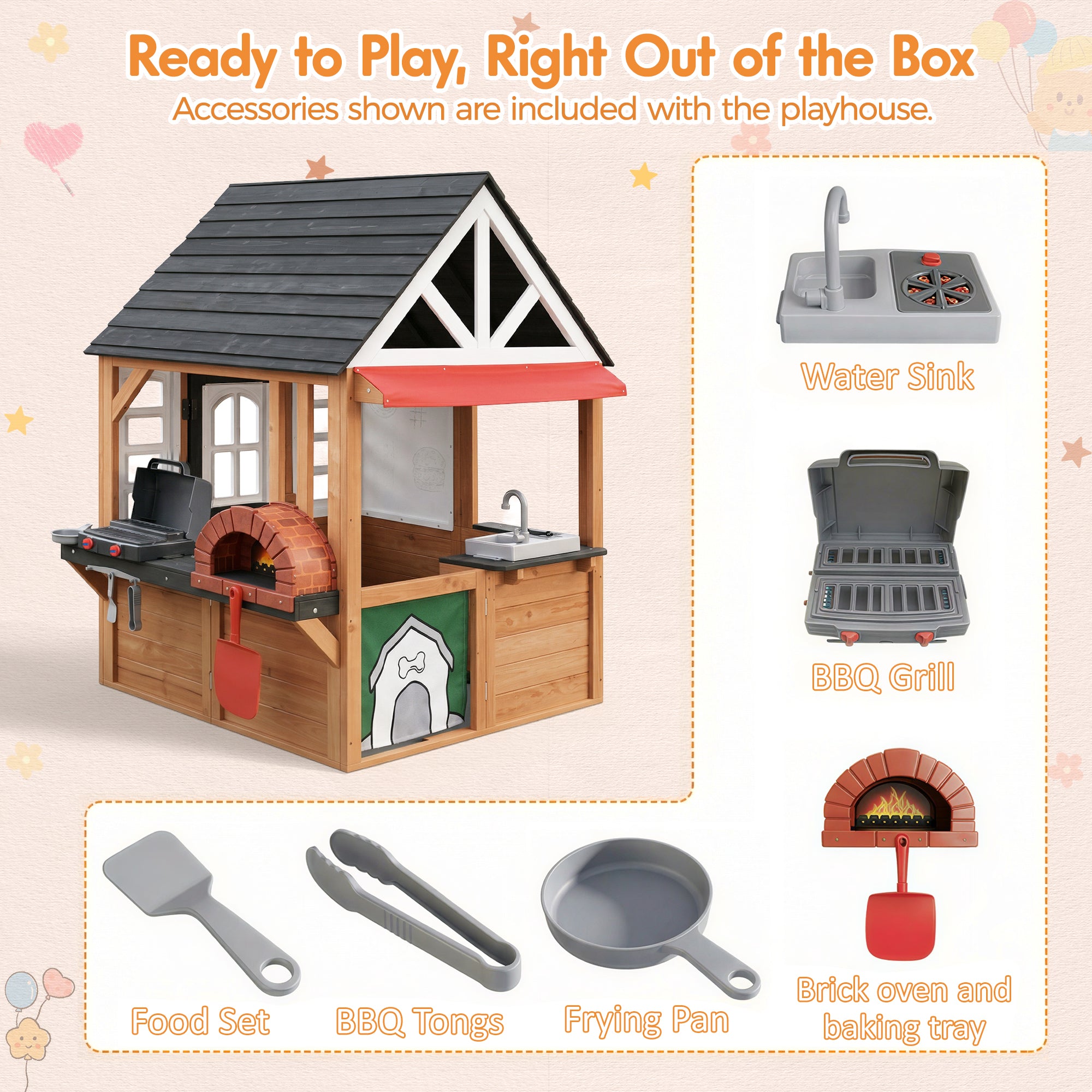 COCLUB Outdoor Tool Shed Playhouse for Kids, Wooden Play House with Workbench & Accessories, Blue and Red Toddler Play Set, Toys for Backyard