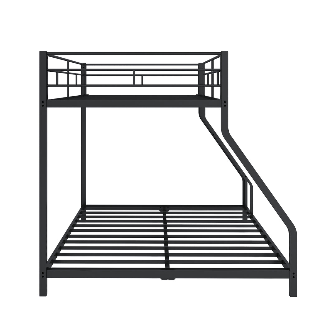 Metal Twin Over Full Bunk Bed, Heavy-duty Metal Bunk Beds For Kids Twin Over Full Size, Low Profile Metal Bunk Bed with Ladder and Full-Length Guardrail, Modern Kids Room Furniture, Black