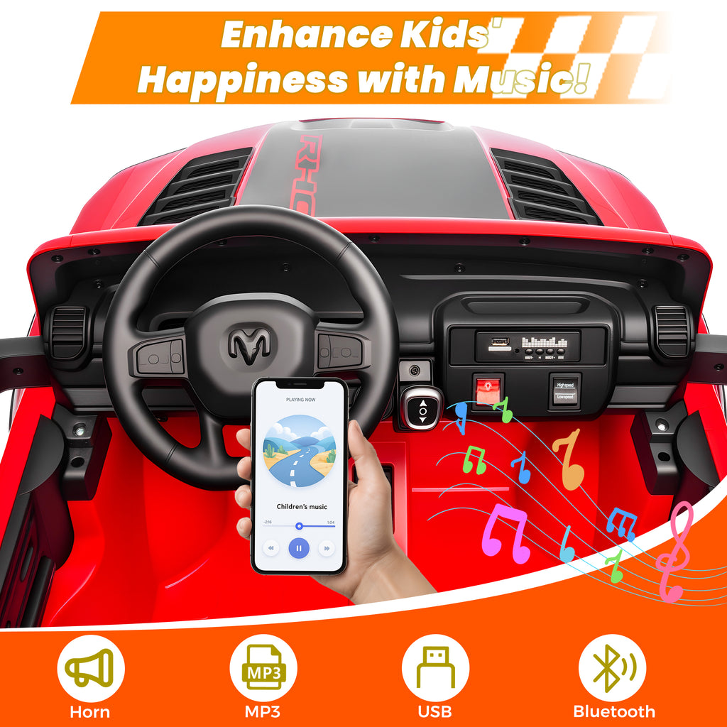 24V 2 Seats Ride On Car for Kids, Licensed RAM RHO 1500 Powered Electric Car with 4 Wheels Spring Suspesion, Ride On Toy for 3-8 Year Boys & Girls with Remote Control, Horm, Siren, LED Lights