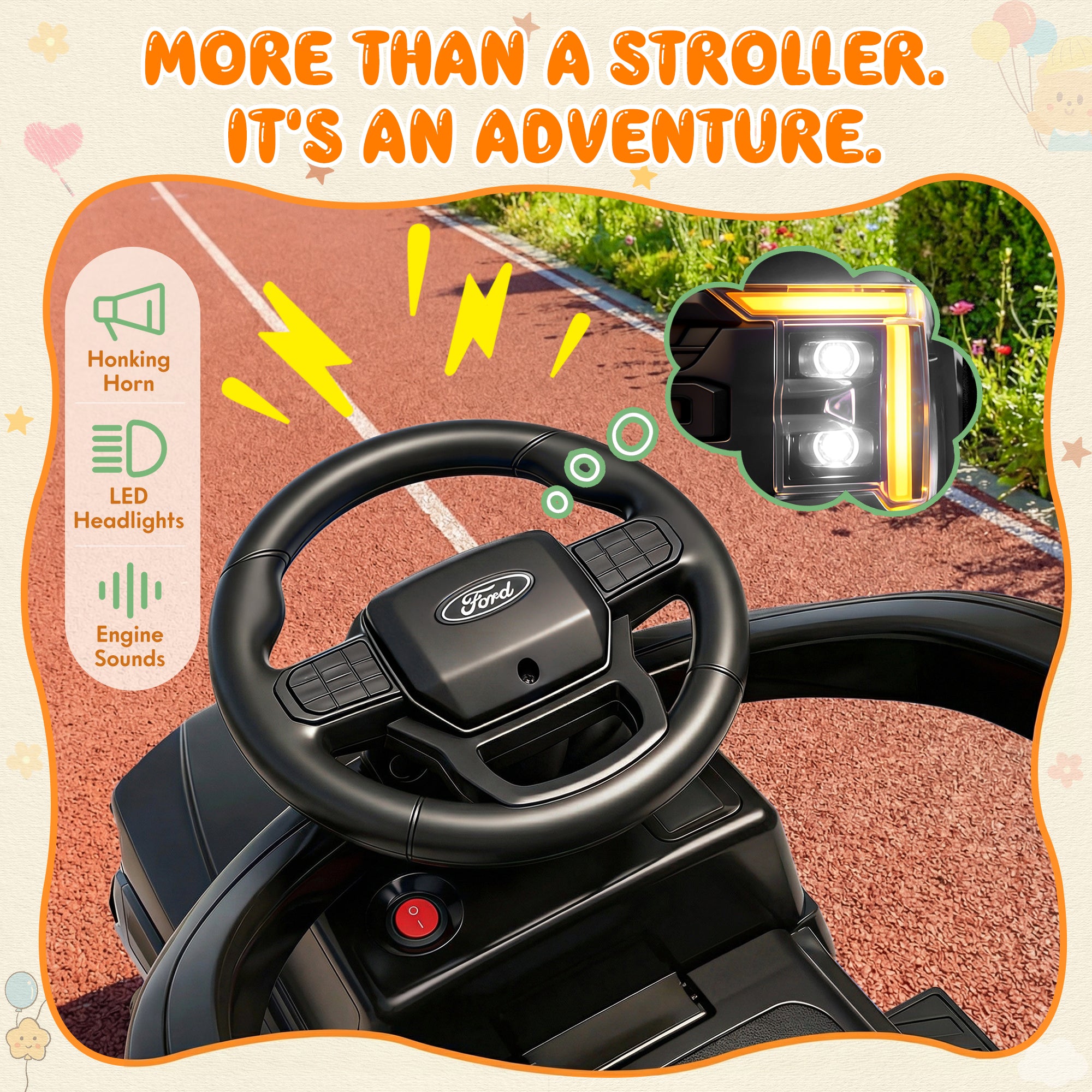 3 In 1 Push Car for Toddlers, Licensed Ford F-150 Ride On Push Car with Removable Parents Handle, Guardrails, Horn, LED Light, Kids Ride On Toy for Ages 18-36 Months, Black