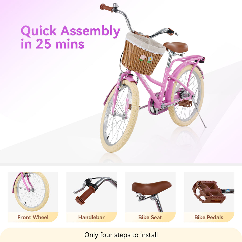 Kids Bike for Girls Ages 7-10 Years - 20" Children's Bicycle, leather Seat & Handlebars, Basket, Front Hand Brakes, Rear Coaster Brake & Safety Bell, Purple