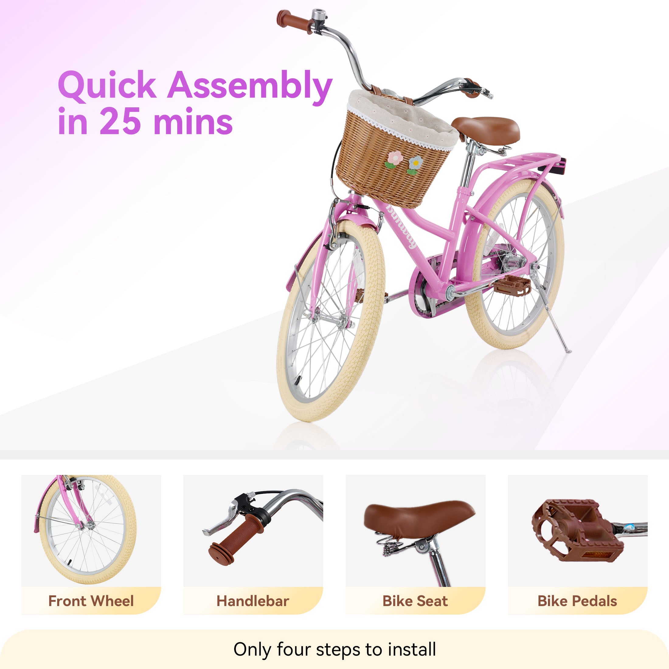 Kids Bike for Girls Ages 7-10 Years - 20" Children's Bicycle, leather Seat & Handlebars, Basket, Front Hand Brakes, Rear Coaster Brake & Safety Bell, Purple