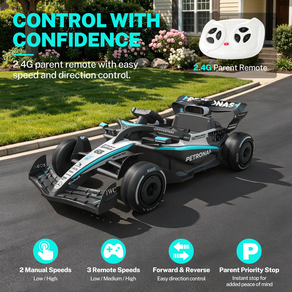COCLUB Mercedes F1 12V Ride On Car for Kids, Battery Powered Electric Go-Kart with Parent Remote Control, Music, Bluetooth, Suspension, Kids Ride On Toy for Boys Girls Ages 3+,Black