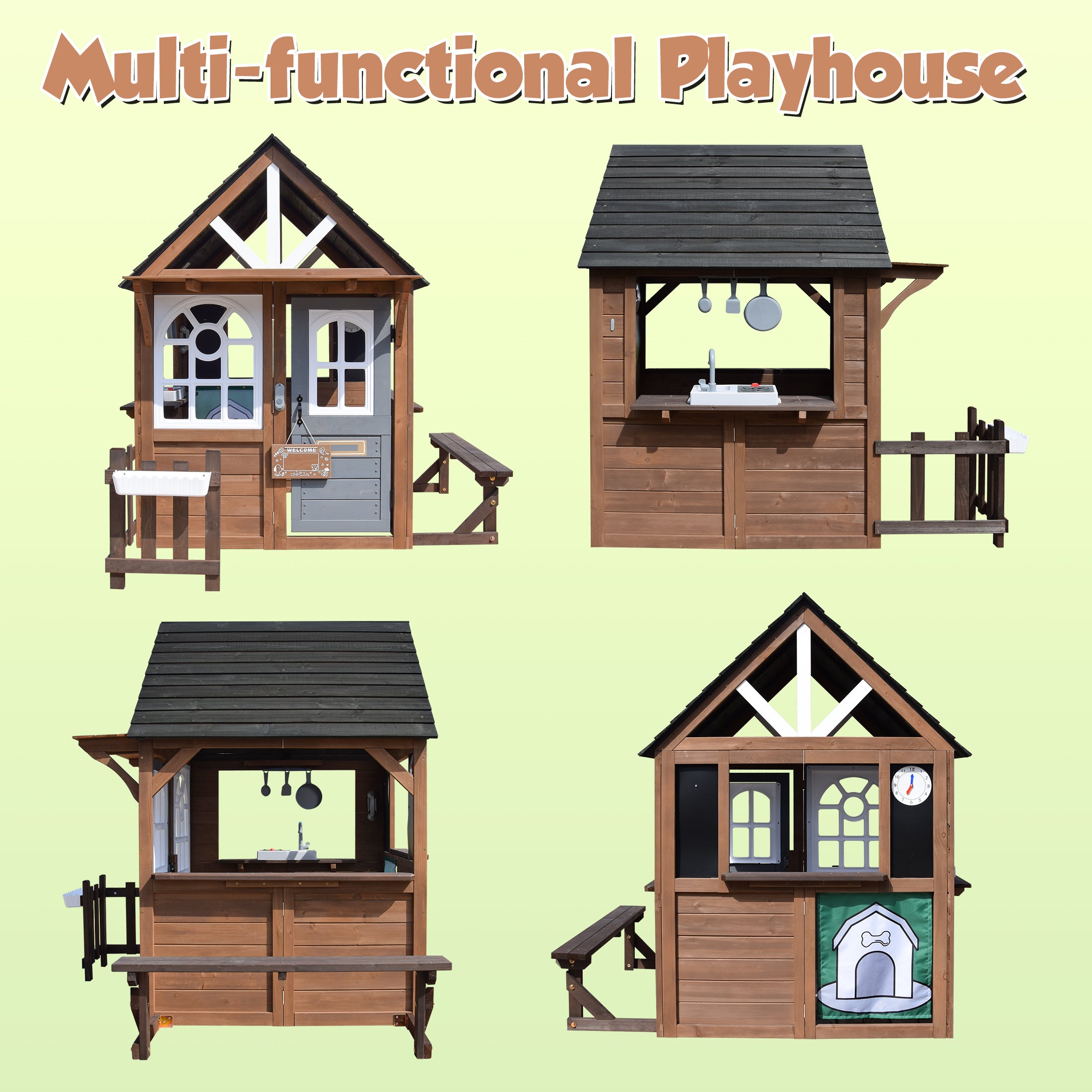 COCLUB Outdoor Playhouse, Wooden Playhouse for Kids Toddlers Outdoor with Bench/Fence/Kitchen/Door Nameplate/Pretend Phone, Girls Boys Outdoor Toy Gift for Ages 3+, 62.99"(W)* 67.32"(L) * 65.35"(H)