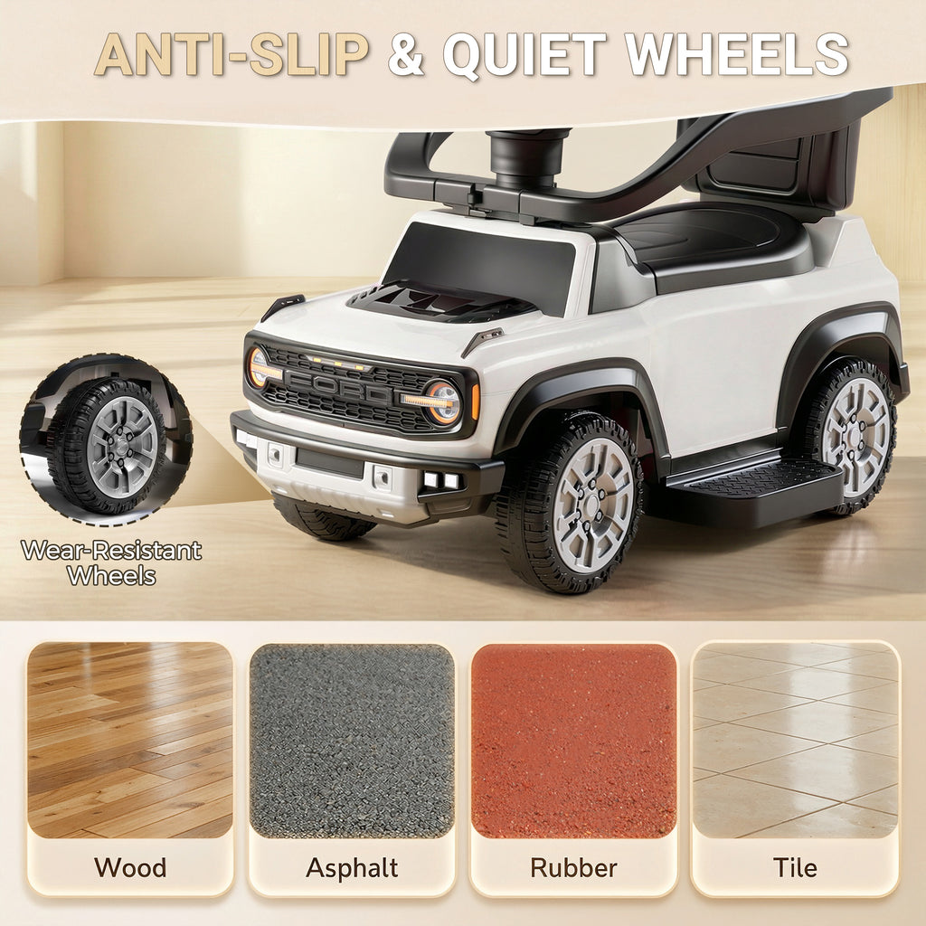 Ford Bronco 3 in 1 Push Car with Canopy for Toddlers 1–3, Ride On Push Car Toy with Adjustable Parent Steering Handle, Removable Guardrail & Footrest, Music, Horn, Under Seat Storage, Silent Wheels