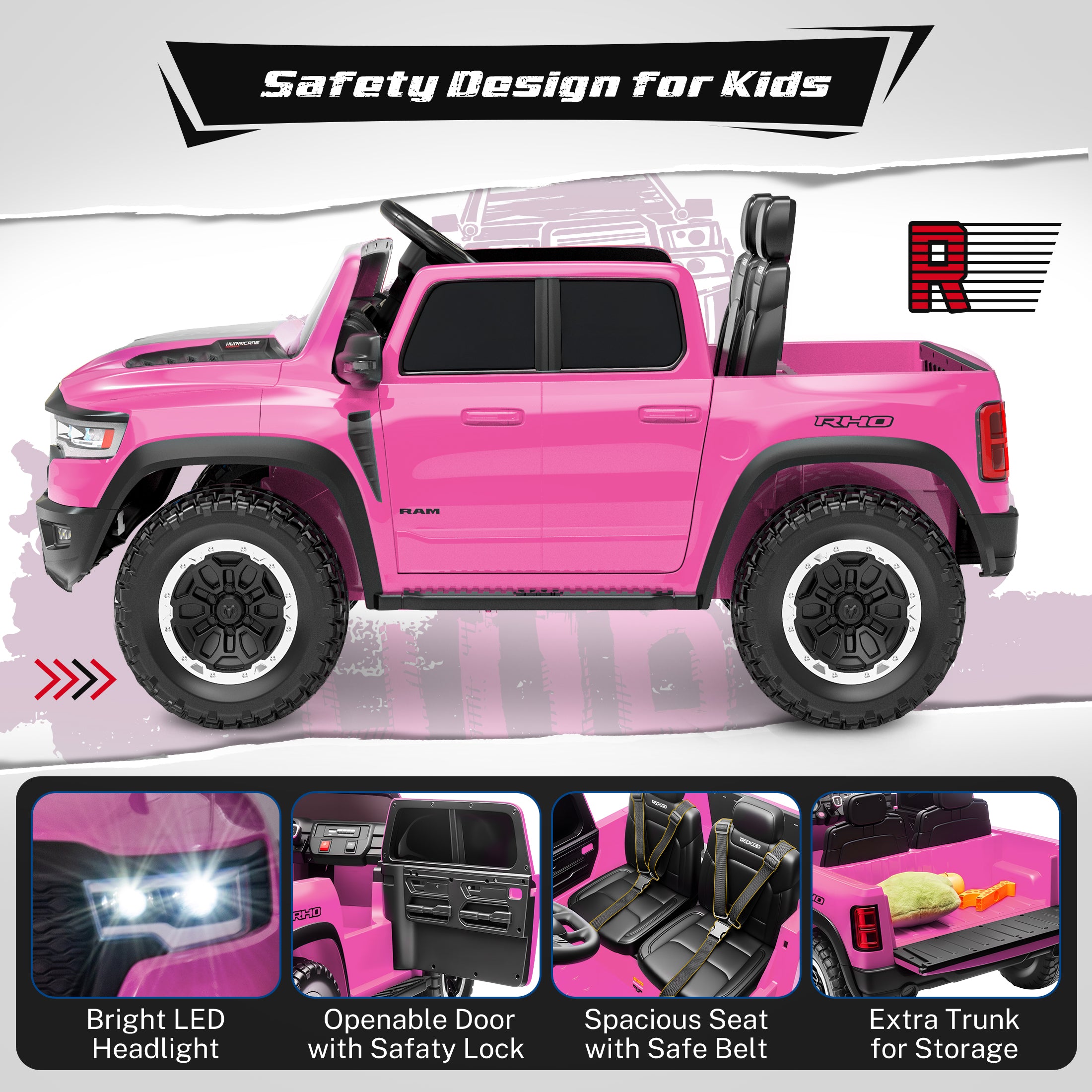 COCLUB RAM 24V Ride on Cars for Tow Kids, RAM 1500 RHO 2 Seat Battery Powered Ride on Toys with Remote Control, 4 Wheels Suspension Trunk, LED Light, MP3 Player, Electric Car for Kids Boy Girl Gift（副本）