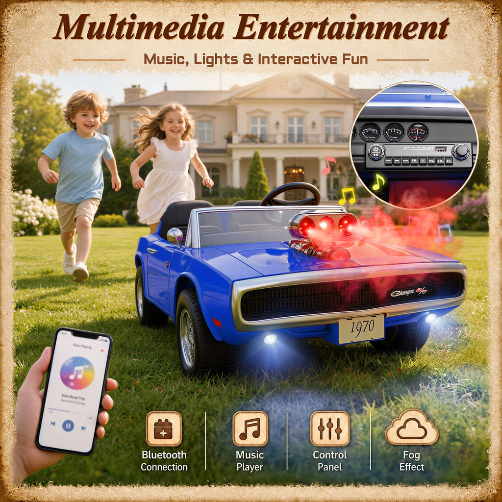 24V Ride On Car for Kids, Licensed Dodge 1970 Charger R/T Electric Car w/Parent Remote Control, Engine Spray, LED Lights, Bluetooth, MP3, 4-Wheel Spring Suspension, Ride On Toys for Ages 3+