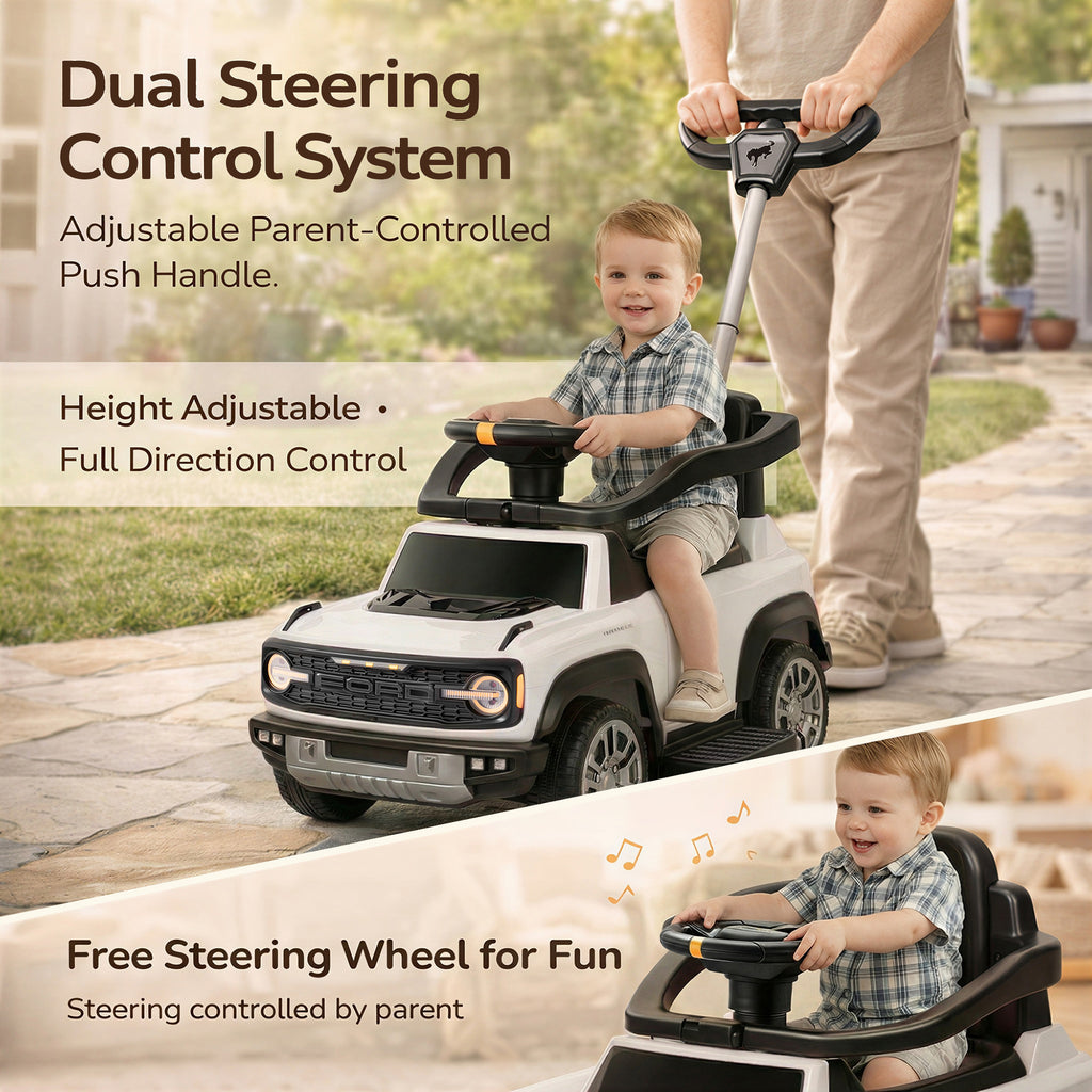 Ford Bronco 3 in 1 Push Car for Toddlers 1–3, Ride On Push Car with Parent Steering Handle, Steering Wheel, Removable Guardrail & Footrest, Music, Horn, Under Seat Storage, Silent Wheels, White