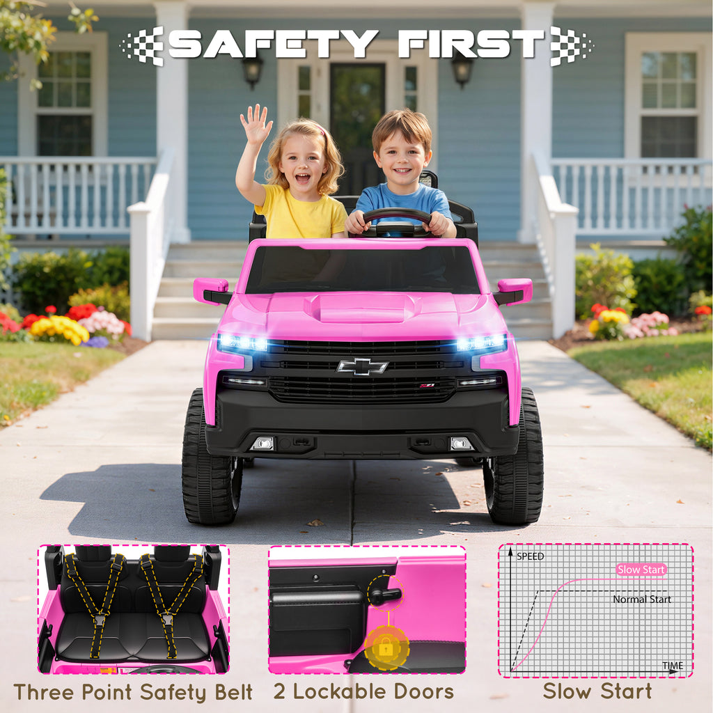 24V Ride On Car for Kids, Chevrolet Silverado 2 Seater Ride On Truck, Powered Electric Car with Remote Control, 90W Dual Motors, MP3 Bluetooth, LED, Ride On Toys for Boys Girls Ages 3–8 (Pink)