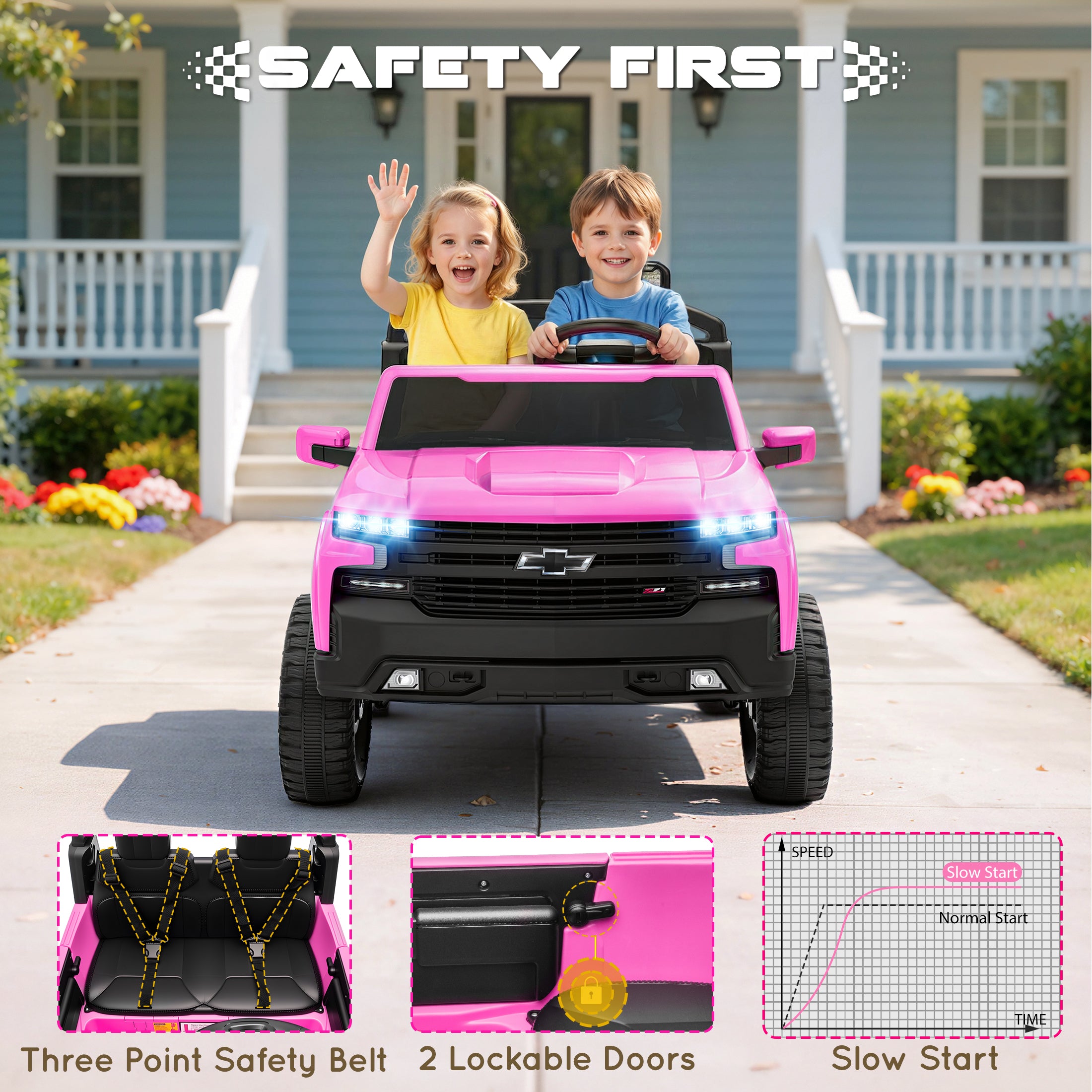 24V Ride On Car for Kids, Chevrolet Silverado 2 Seater Ride On Truck, Powered Electric Car with Remote Control, 90W Dual Motors, MP3 Bluetooth, LED, Ride On Toys for Boys Girls Ages 3–8 (Pink)