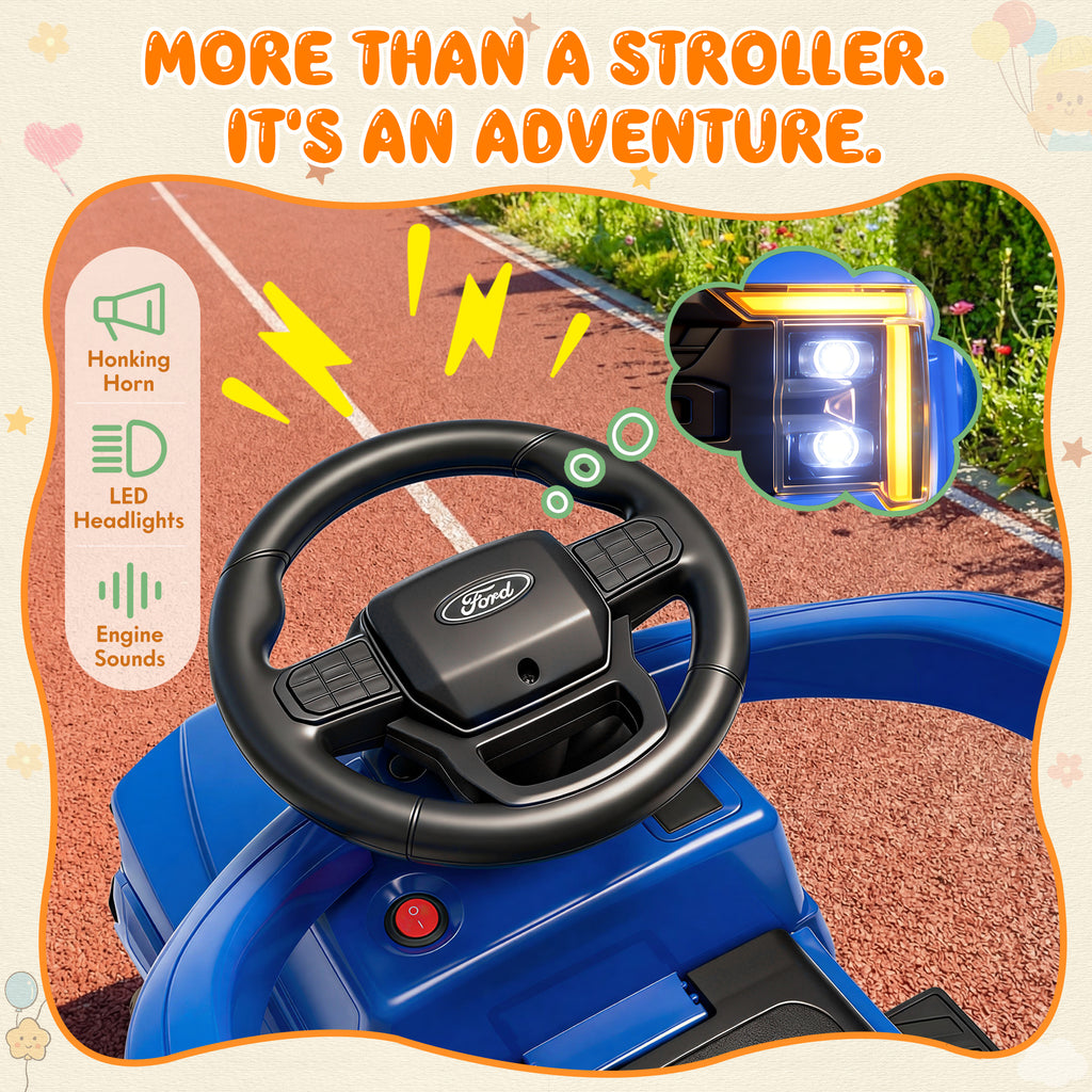 3 In 1 Push Car for Toddlers, Licensed Ford F-150 Ride On Push Car with Removable Parents Handle, Guardrails, Horn, LED Light, Kids Ride On Toy for Ages 18-36 Months, Black