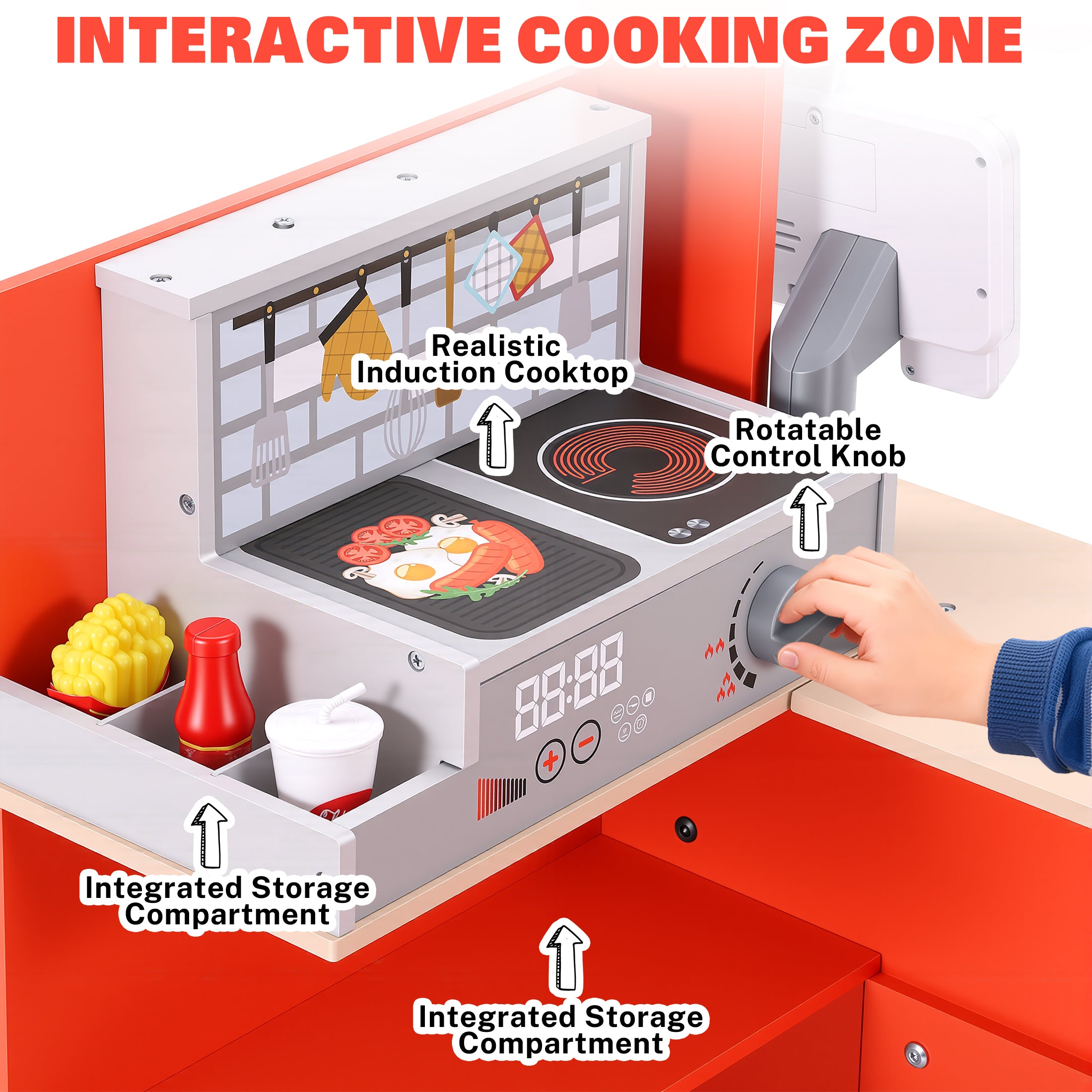 Wooden Pizza Food Truck Toy for Kids, 3 in 1 Pretend Play Kitchen with Ice Cream Cart & Grill, Kids Pizza Cart with Play Food & Menu Board, Montessori Role Wooden Pizza Shop Playset for Ages 3+, Red
