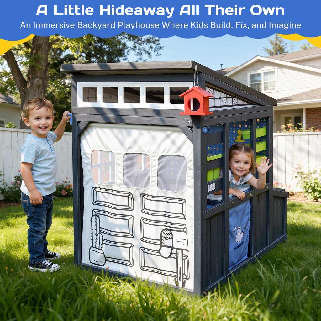COCLUB Outdoor Tool Shed Playhouse for Kids, Wooden Play House with Workbench & Accessories, Blue and Red Toddler Play Set, Toys for Backyard