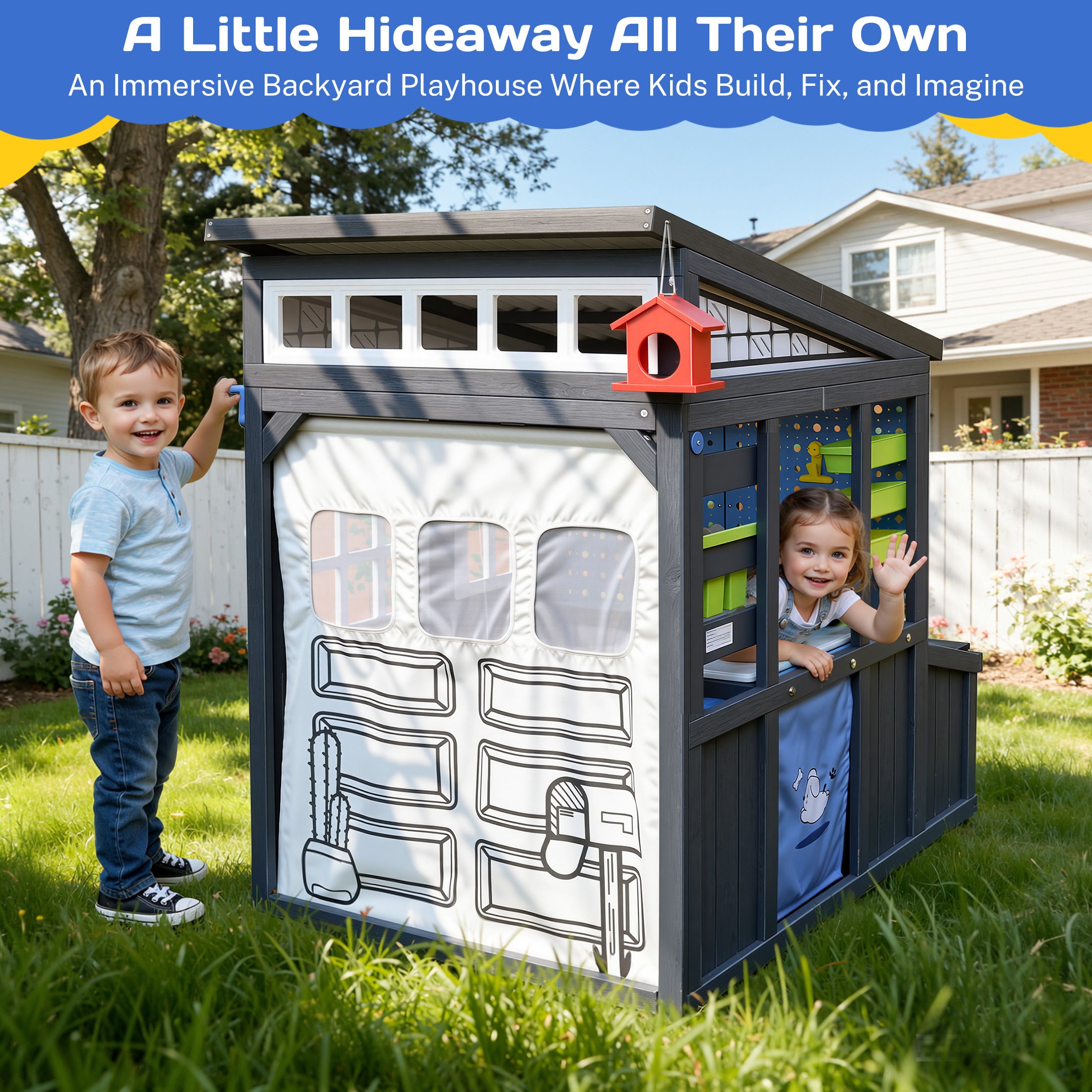 COCLUB Outdoor Tool Shed Playhouse for Kids, Wooden Play House with Workbench & Accessories, Blue and Red Toddler Play Set, Toys for Backyard