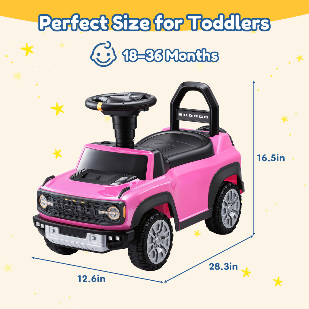 Ride On Car for Toddlers 1–3, Ford Bronco Ride On Toy with Steering Wheel, Music, Horn & Engine Sounds, Under Seat Storage, Silent Wheels, Easy Walker & Push Car for Boys & Girls, Pink