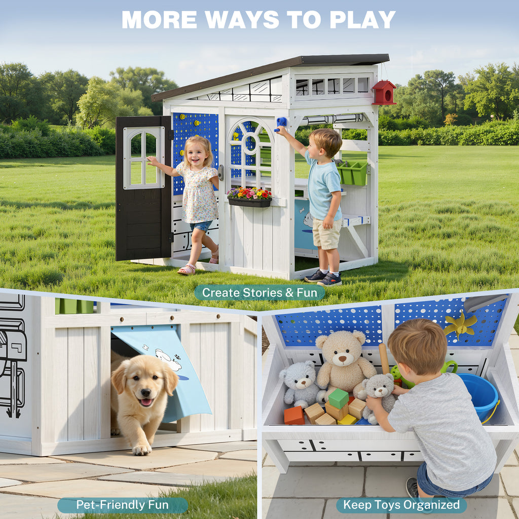 COCLUB Outdoor Wooden Playhouse with Play Tool Shed & Pegboard Play Wall, Kids Todder Ages 3+