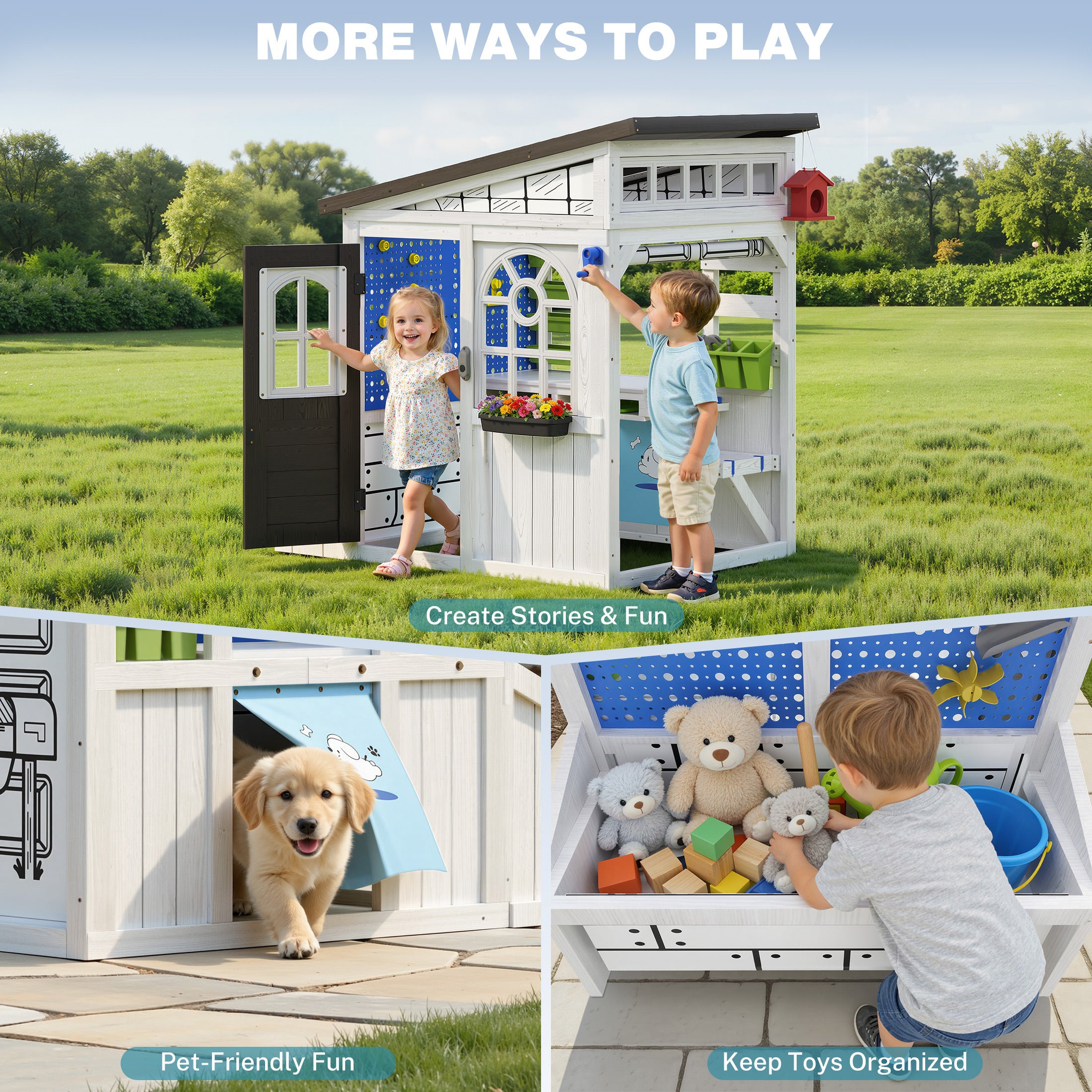 COCLUB Outdoor Wooden Playhouse with Play Tool Shed & Pegboard Play Wall, Kids Todder Ages 3+