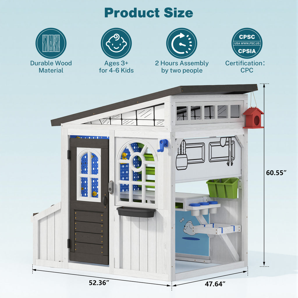 COCLUB Storage Shed Outdoor Wooden Playhouse with Workbench/ Pegboard& Ball Track, Kids Todder Ages 3+