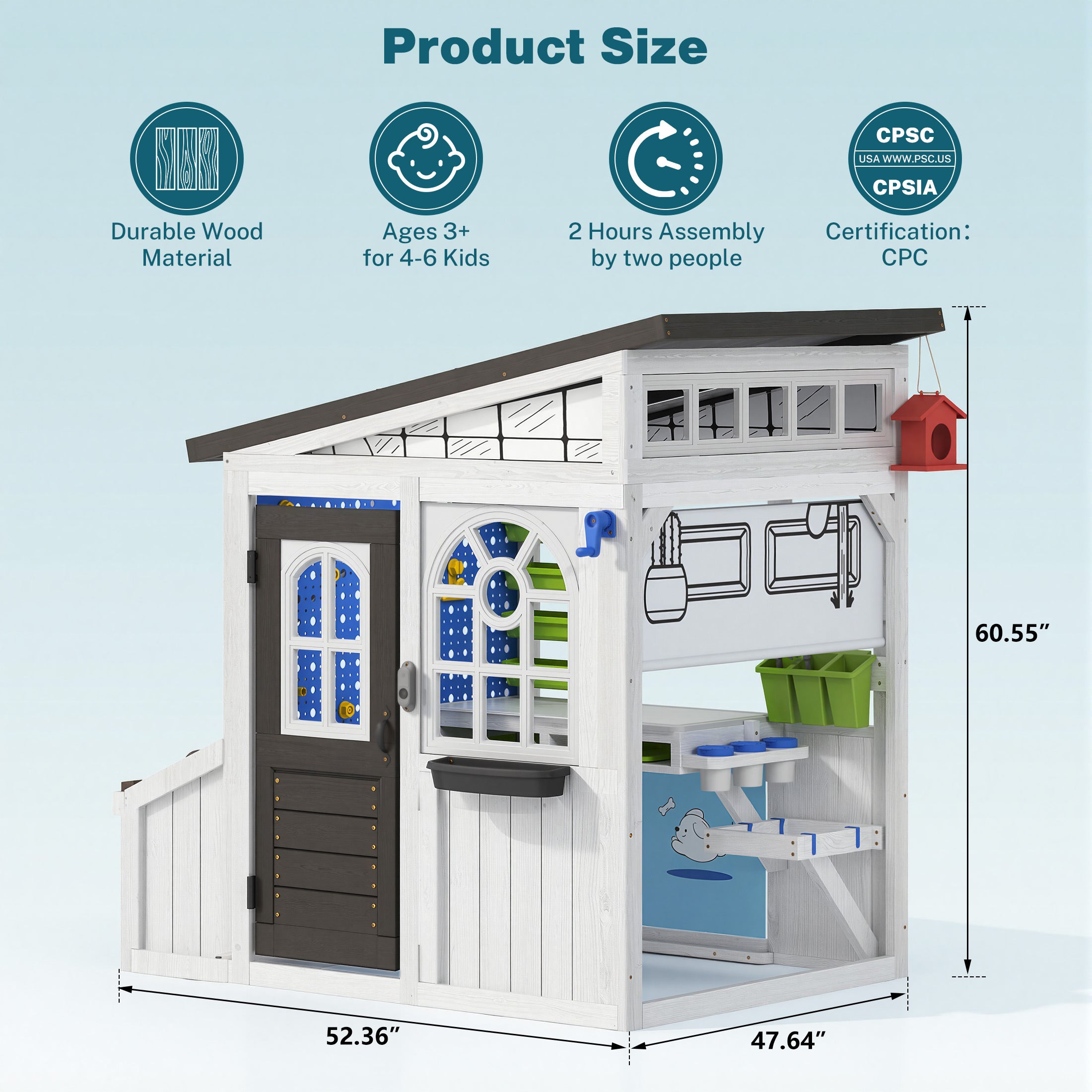 COCLUB Storage Shed Outdoor Wooden Playhouse with Workbench/ Pegboard& Ball Track, Kids Todder Ages 3+