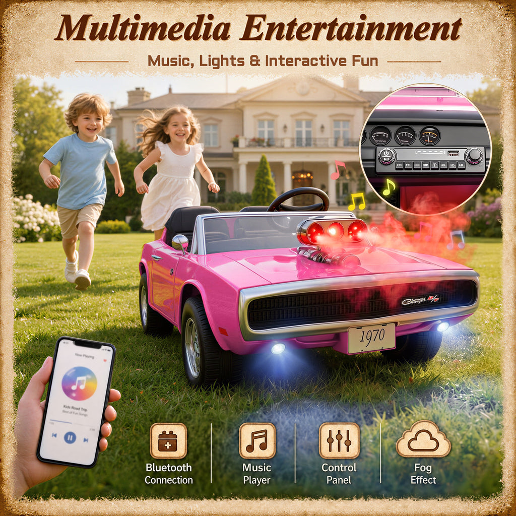 24V Ride On Car for Kids, Licensed Dodge 1970 Charger R/T Electric Car w/Parent Remote Control, Engine Spray, LED Lights, Bluetooth, MP3, 4-Wheel Spring Suspension, Ride On Toys for Ages 3+