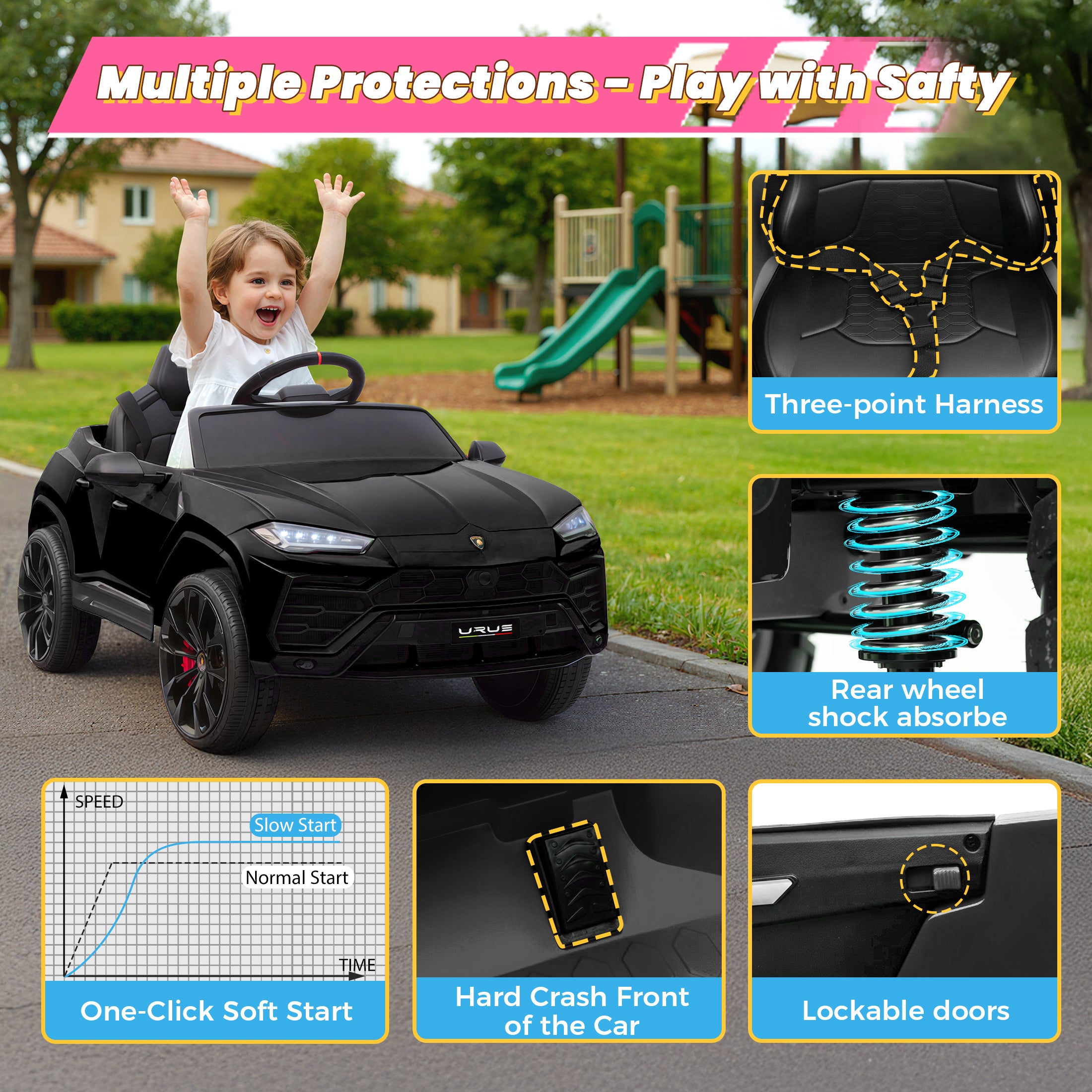 Lamborghini 12V Kids Ride On Car with Remote Control, Battery Powered Electric Car with 4 Wheels, USB, Ride On Toys for 3+ Years Olds Girls Boys, Pink