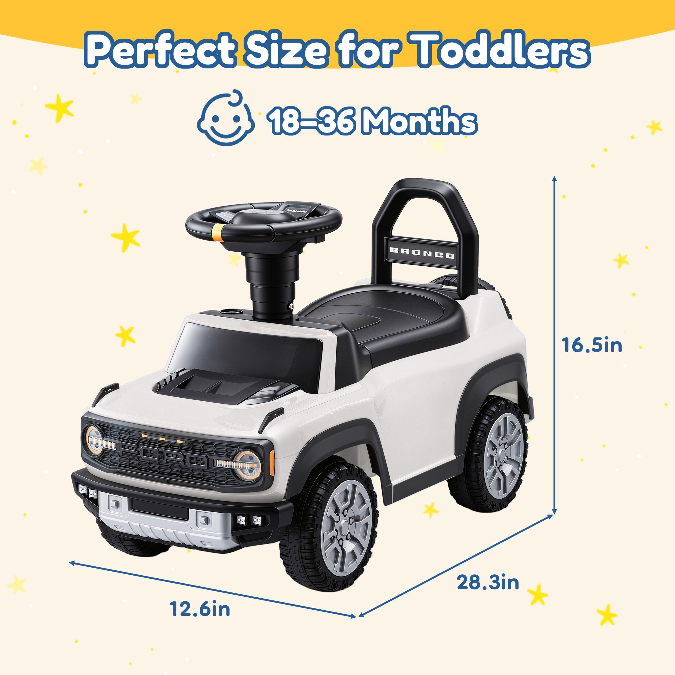 Ride On Car for Toddlers 1–3, Ford Bronco Ride On Toy with Steering Wheel, Music, Horn & Engine Sounds, Under Seat Storage, Silent Wheels, Easy Walker & Push Car for Boys & Girls, White
