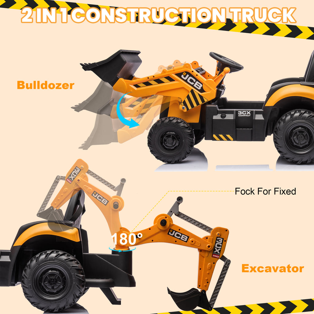 JCB 24V Ride On Excavator, 2 IN 1 Kids Electric Construction Ride on with Remote Control, Front Loader Bulldozer, Digger, Music, Ride on Toys for 3-6 Boys Girls, Yellow