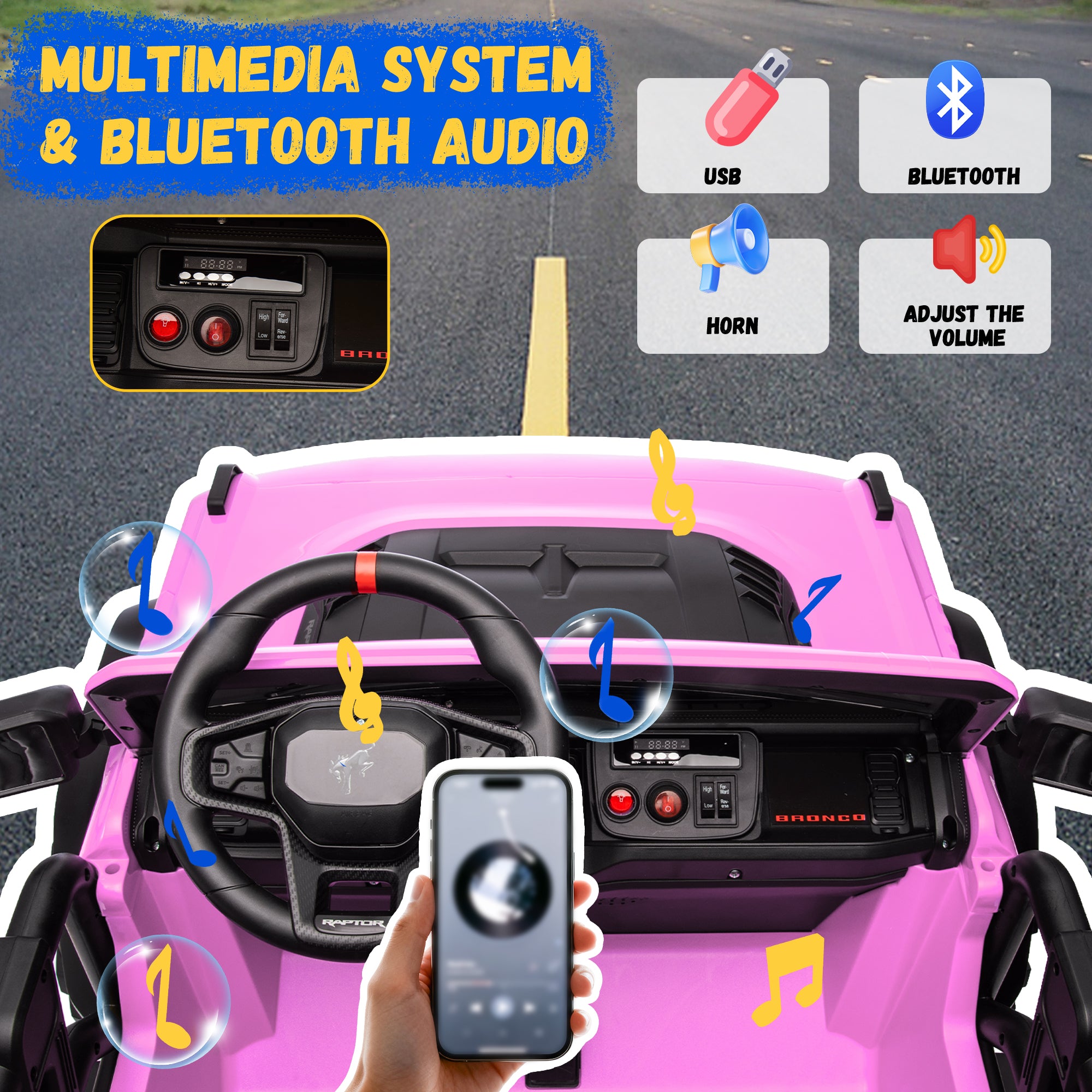 2 Seats 24V Electric Car for Big Kids, Licensed Ford Bronco Raptor Powered Ride On Car with 4 Wheels Spring Suspension, Parent Remote Control, 24V Ride On Toys for Ages 3-8 Boys Girls Gifts