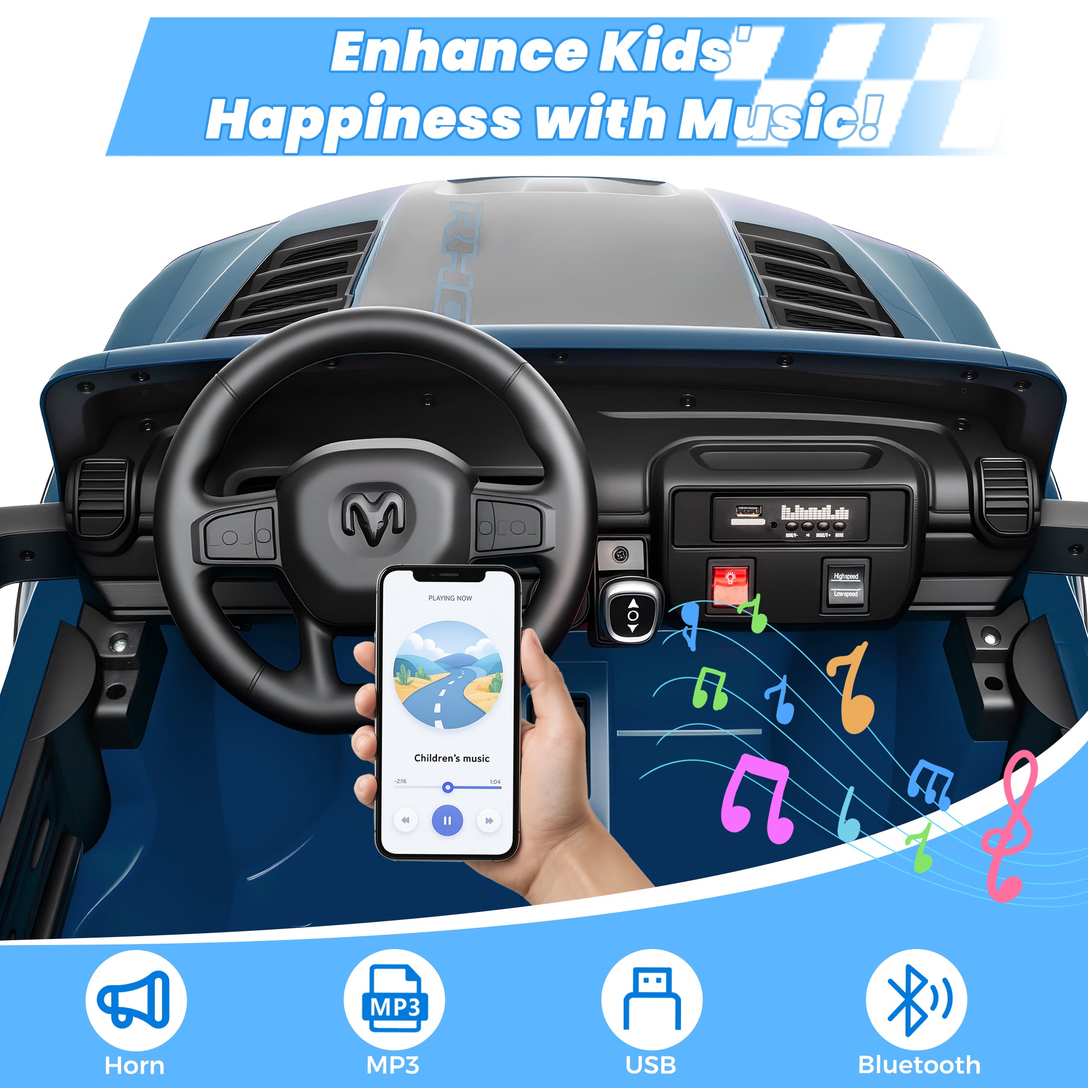 24V 2 Seats Ride On Car for Kids, Licensed RAM RHO 1500 Powered Electric Car with 4 Wheels Spring Suspesion, Ride On Toy for 3-8 Year Boys & Girls with Remote Control, Horm, Siren, LED Lights