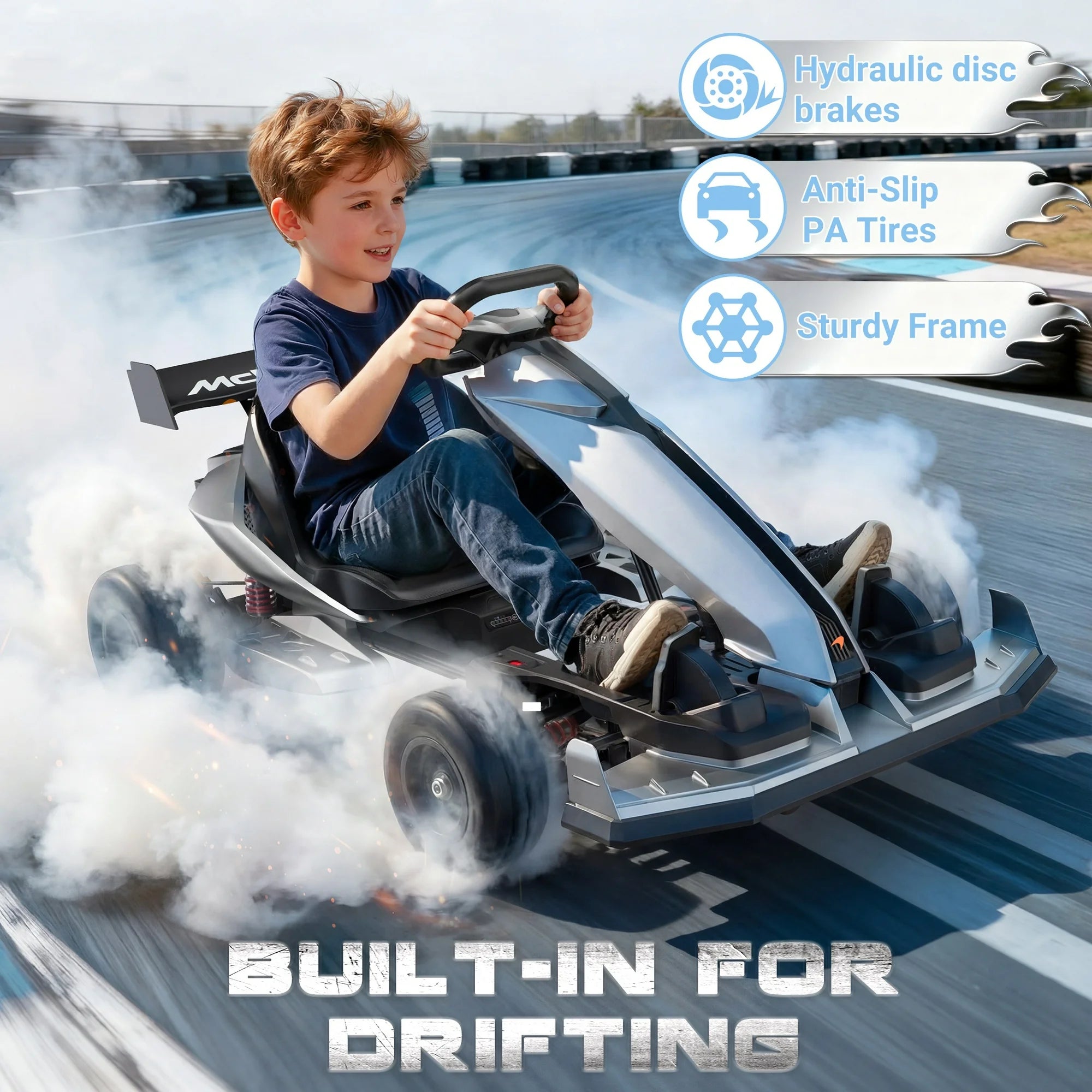 McLaren 48V Electric Go Kart for Adults & Teens, 750W Powered Motor Ride On Toy, LED Light, Hydraulic Disc Brake, 4 Wheel Spring Suspension, 3 Levels Adjustable Chassis, Foldable Design, Silver