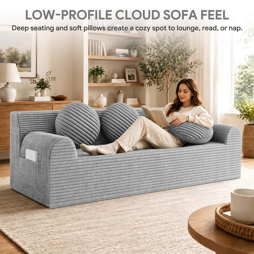 UHOMEPRO 71" Small Cloud Couch, 3 Seater Sofa with High Density Foam, No Assembly Low Profile Floor Couch for Bedroom, Apartment, 1200lbs, Deep Gray