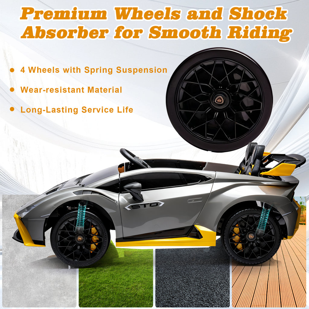 Lamborghini 24V Kids Electric Car, Licensed Huracan Sto Battery Powered Ride On Car with 4 Wheels Spring Suspension for Age 3-8, Remote Control Ride On Toys Speeds 1.86-5.59 MPH, LED Lights