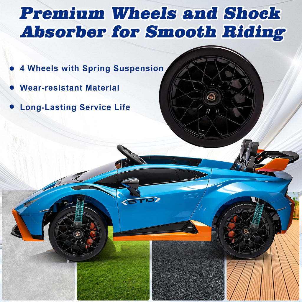Lamborghini 24V Kids Electric Car, Licensed Huracan Sto Battery Powered Ride On Car with 4 Wheels Spring Suspension for Age 3-8, Remote Control Ride On Toys Speeds 1.86-5.59 MPH, LED Lights