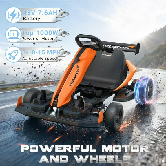 McLaren 48V Electric Go Kart for Adults & Teens, 750W Powered Motor Ride On Toy, LED Light, Hydraulic Disc Brake, 4 Wheel Spring Suspension, 3 Levels Adjustable Chassis, Foldable Design, Orange