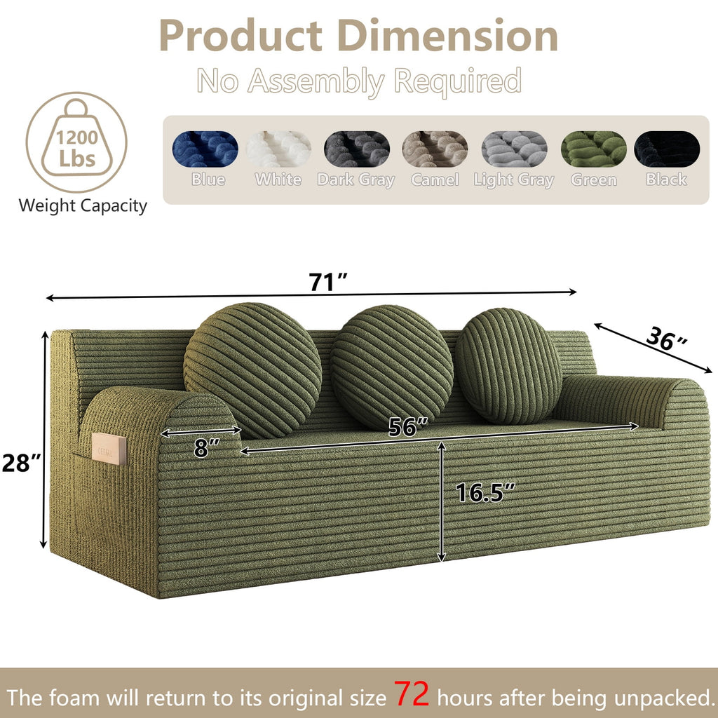 UHOMEPRO 71" Small Cloud Couch, 3 Seater Sofa with High Density Foam, No Assembly Low Profile Floor Couch for Bedroom, Apartment, 1200lbs, Deep Gray