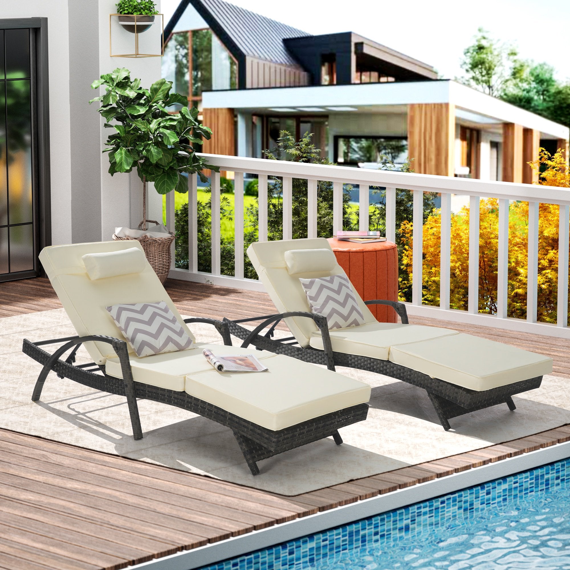 UHOMEPRO Outdoor Chaise Lounge Chair Furniture Sets of 2, Rattan Patio Reclining Chair Set w/ Adjustable Backrest Cushion, Wicker Lounge Chair On Clearance, 5-Level Angles Adjust Backrest, Beige