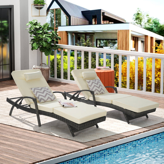 UHOMEPRO Outdoor Chaise Lounge Chair Furniture Sets of 2, Rattan Patio Reclining Chair Set w/ Adjustable Backrest Cushion, Wicker Lounge Chair On Clearance, 5-Level Angles Adjust Backrest, Beige