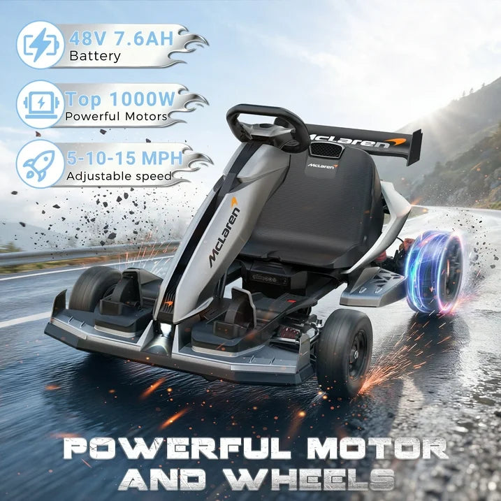 McLaren 48V Electric Go Kart for Adults & Teens, 750W Powered Motor Ride On Toy, LED Light, Hydraulic Disc Brake, 4 Wheel Spring Suspension, 3 Levels Adjustable Chassis, Foldable Design, Silver