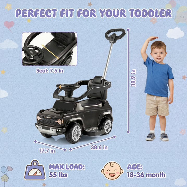 3 in 1 Push Car for Toddlers 1–3, Licensed Ford Bronco Ride On Car with Parent Steering Handle, Steering Wheel, Removable Guardrail & Footrest, Music, Horn, Under Seat Storage, Silent Wheels, Black