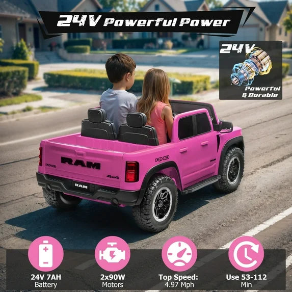 RAM 24V Ride on Cars for Tow Kids, RAM 1500 RHO 2 Seat Battery Powered Ride on Toys with Remote Control, 4 Wheels Suspension Trunk, LED Light, MP3 Player, Electric Car for Kids Boy Girl Gift, Red