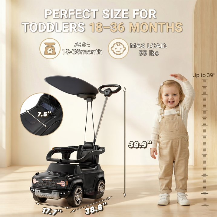 3 in 1 Push Car for Toddlers 1–3, Ford Bronco Ride On Car Toy with Adjustable Parent Steering Handle, Removable Guardrail & Footrest, Canopy, Music, Horn, LED, Under Seat Storage, Silent Wheels