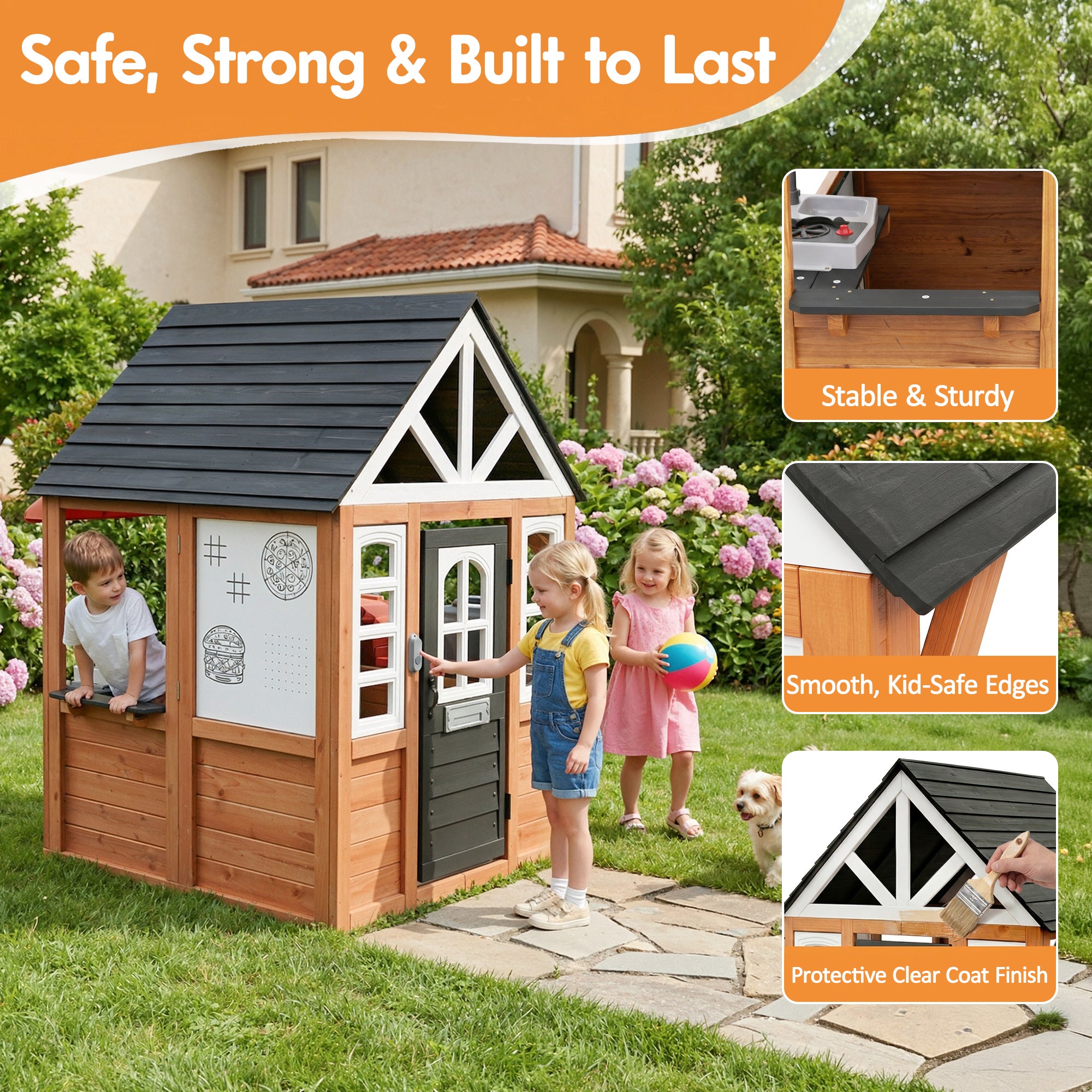 COCLUB Outdoor Tool Shed Playhouse for Kids, Wooden Play House with Workbench & Accessories, Blue and Red Toddler Play Set, Toys for Backyard