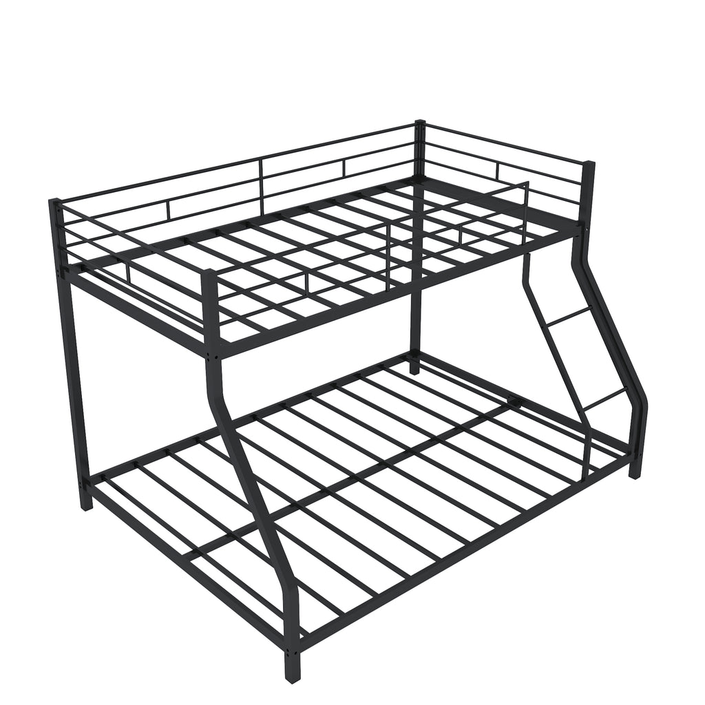 Metal Twin Over Full Bunk Bed, Heavy-duty Metal Bunk Beds For Kids Twin Over Full Size, Low Profile Metal Bunk Bed with Ladder and Full-Length Guardrail, Modern Kids Room Furniture, Black