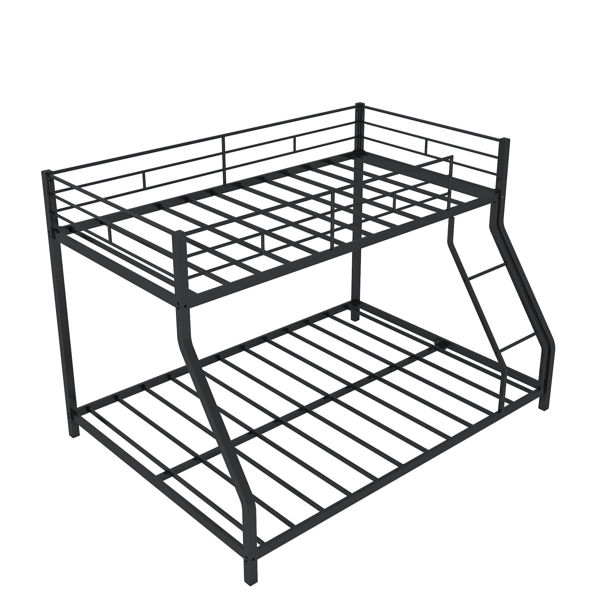 Metal Twin Over Full Bunk Bed, Heavy-duty Metal Bunk Beds For Kids Twin Over Full Size, Low Profile Metal Bunk Bed with Ladder and Full-Length Guardrail, Modern Kids Room Furniture, Black
