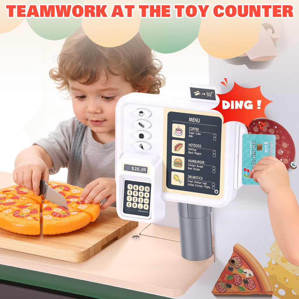 Wooden Pizza Food Truck Toy for Kids, 3 in 1 Pretend Play Kitchen with Ice Cream Cart & Grill, Kids Pizza Cart with Play Food & Menu Board, Montessori Role Wooden Pizza Shop Playset for Ages 3+, Red
