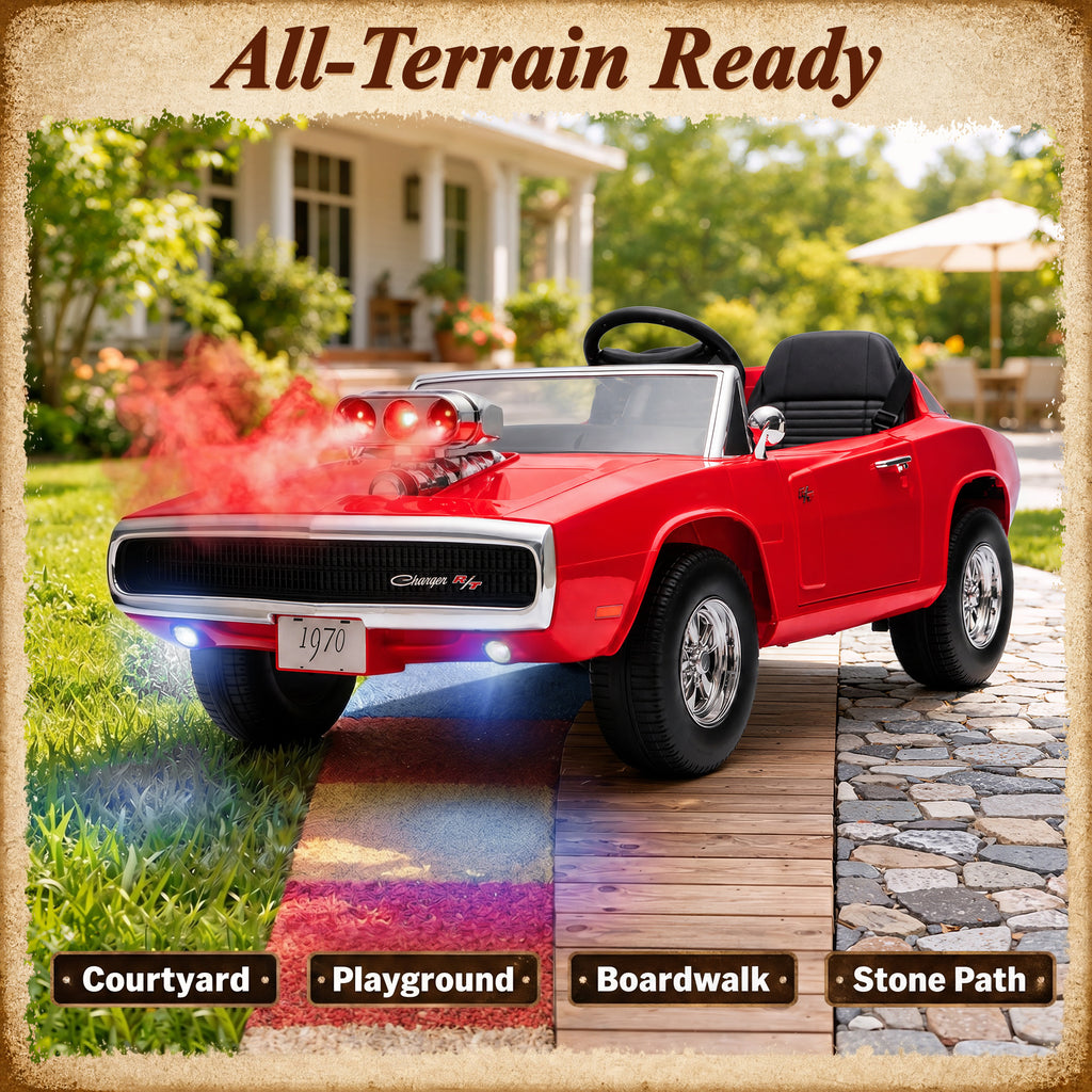 24V Ride On Car for Kids, Licensed Dodge 1970 Charger R/T Electric Car w/Parent Remote Control, Engine Spray, LED Lights, Bluetooth, MP3, 4-Wheel Spring Suspension, Ride On Toys for Ages 3+