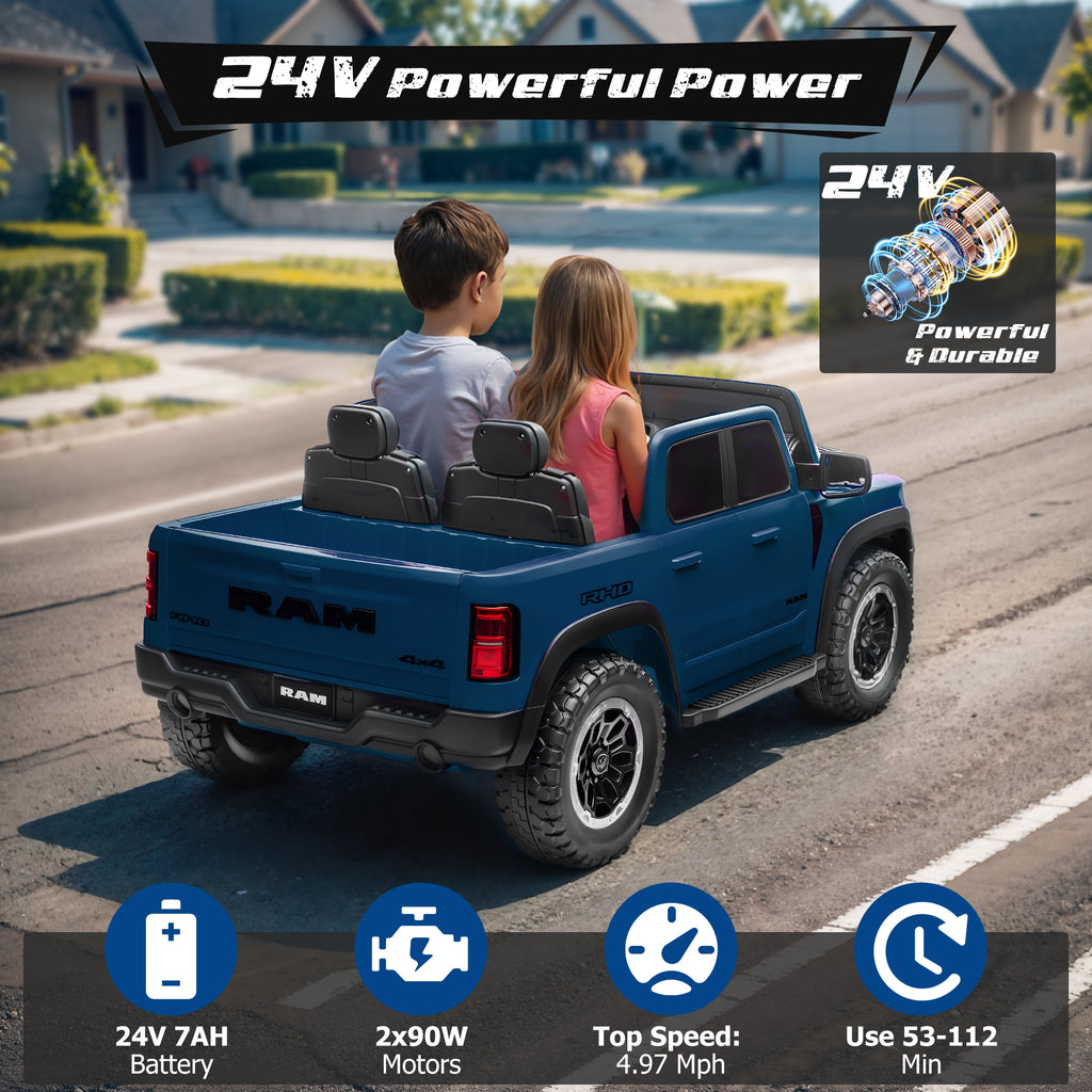 COCLUB RAM 24V Ride on Cars for Tow Kids, RAM 1500 RHO 2 Seat Battery Powered Ride on Toys with Remote Control, 4 Wheels Suspension Trunk, LED Light, MP3 Player, Electric Car for Kids Boy Girl Gift